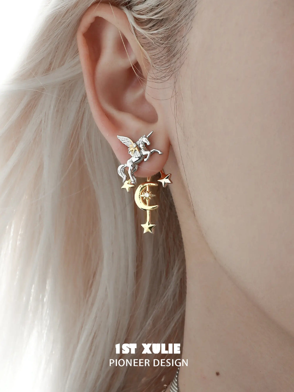 1ST XULIE "DREAM HORSE" Detachable Unicorn Moon & Star Drop Earrings in 18K Gold & Platinum Plate - Product View