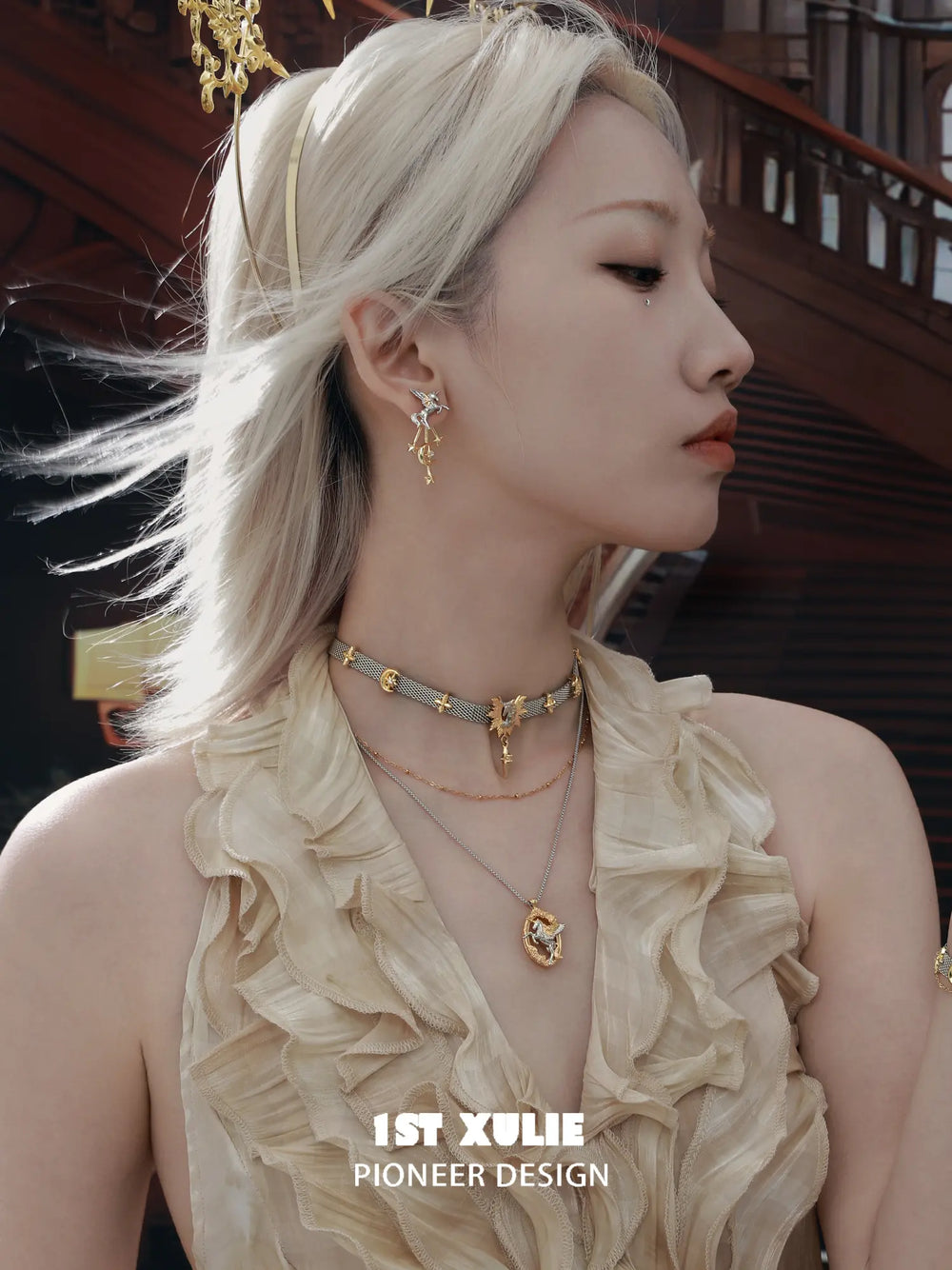 1ST XULIE "DREAM HORSE" Detachable Unicorn Moon & Star Drop Earrings in 18K Gold & Platinum Plate - On Model
