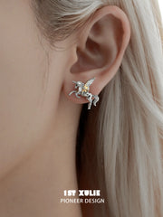 1ST XULIE "DREAM HORSE" Detachable Unicorn Moon & Star Drop Earrings in 18K Gold & Platinum Plate - On Model Close Up