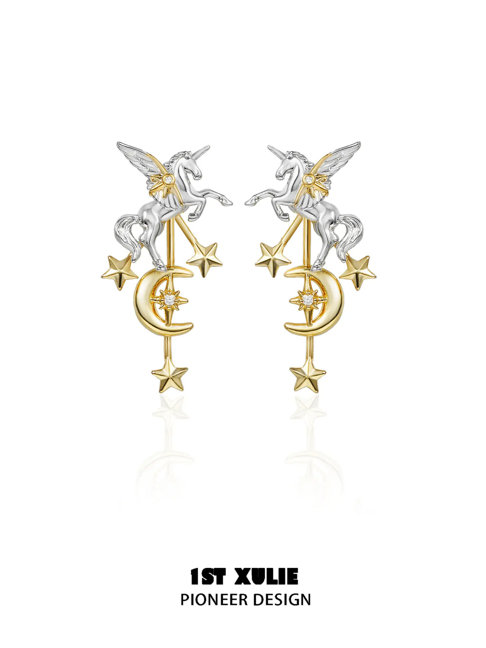 1ST XULIE "DREAM HORSE" Detachable Unicorn Moon & Star Drop Earrings in 18K Gold & Platinum Plate - Packaging View