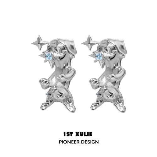 1ST XULIE "Cat's Gaze" Upside Down Cat Head Dangle Earrings in Platinum Plated Brass - Angle View