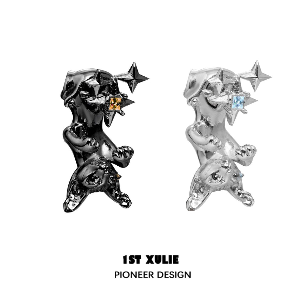 1ST XULIE "Cat's Gaze" Upside Down Cat Head Dangle Earrings in Platinum Plated Brass - On Model