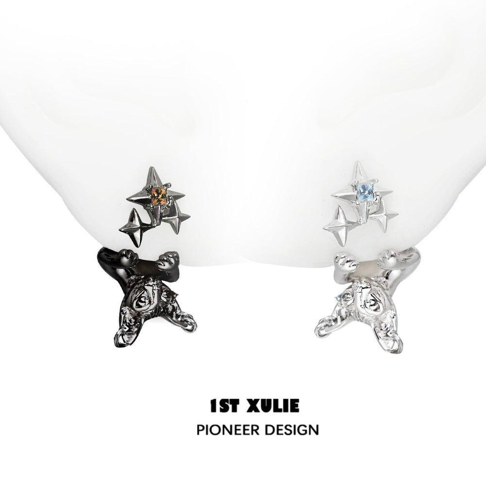 1ST XULIE "Cat's Gaze" Upside Down Cat Head Dangle Earrings in Platinum Plated Brass - On Model Close Up
