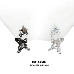 1ST XULIE "Cat's Gaze" Upside Down Cat Head Dangle Earrings in Platinum Plated Brass - On Model Close Up