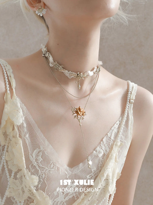 1ST XULIE Jewelry "Lace Rose" Victorian Lace Floral Necklace in 18K Gold Plated Brass - Product View