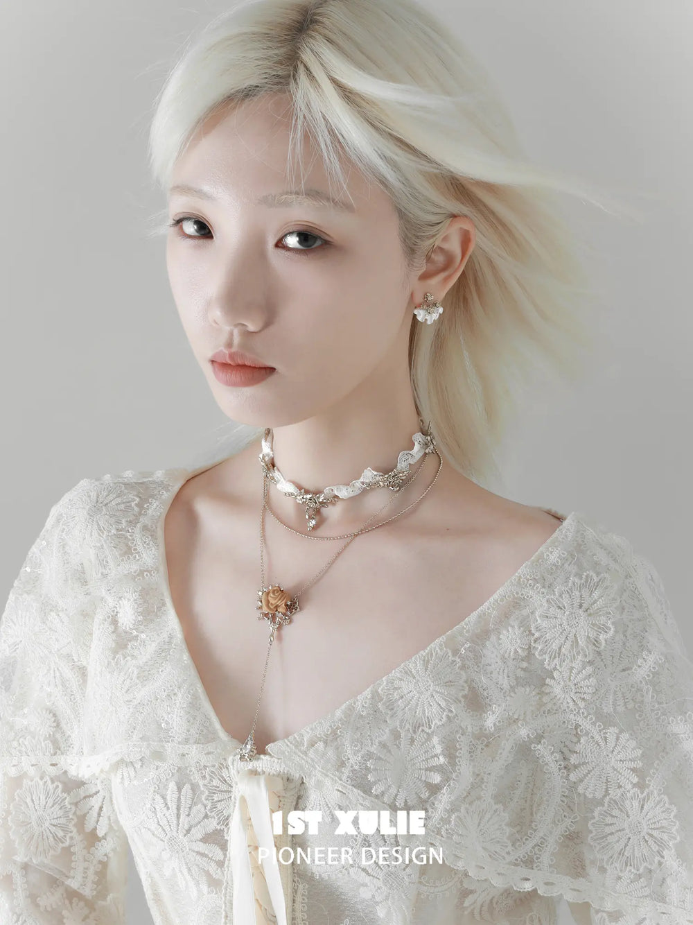 1ST XULIE Jewelry "Lace Rose" Victorian Lace Floral Necklace in 18K Gold Plated Brass - On Model