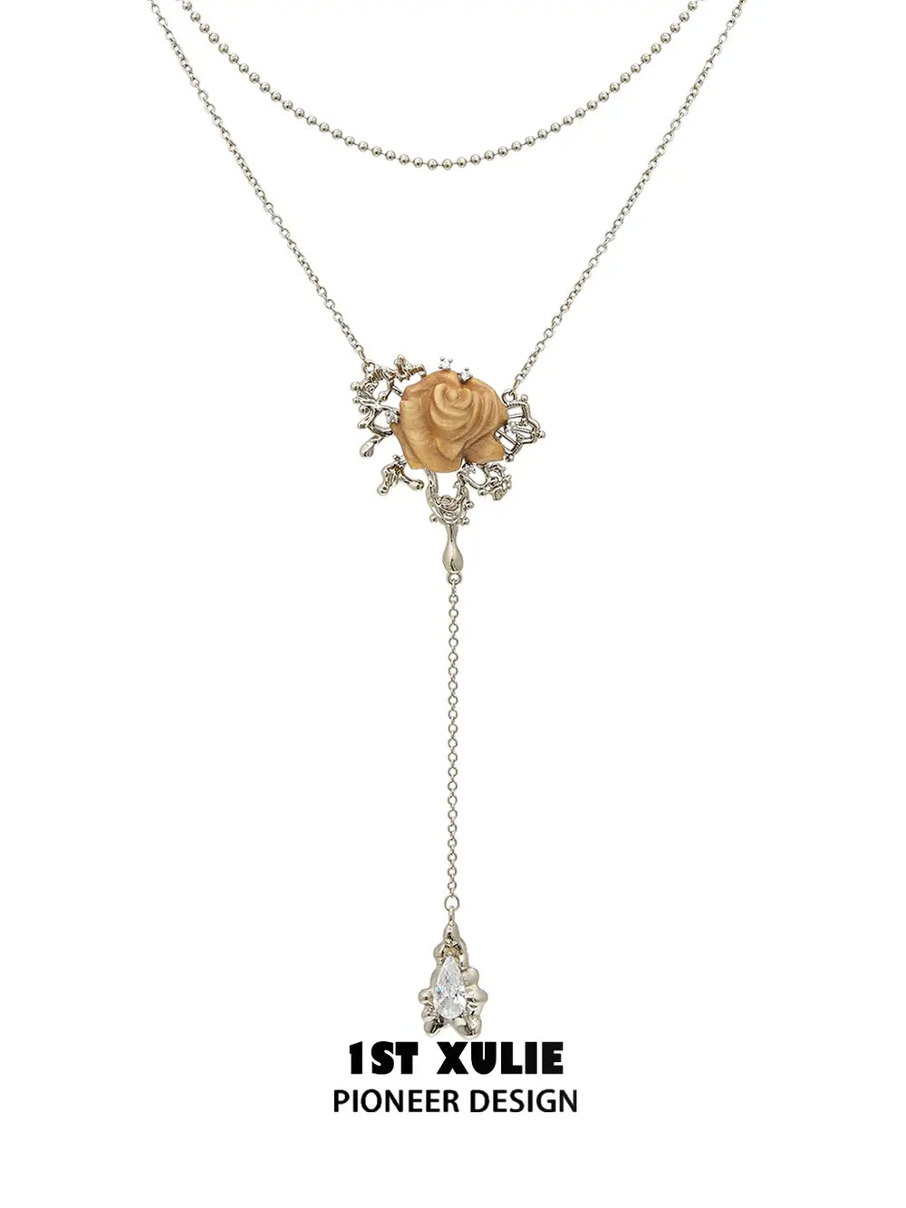 1ST XULIE Jewelry "Lace Rose" Victorian Lace Floral Necklace in 18K Gold Plated Brass - On Model Close Up