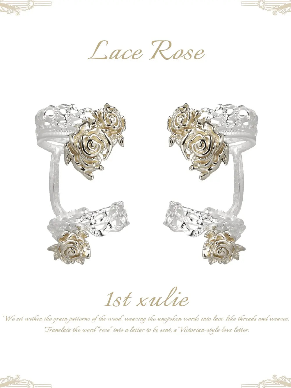 1ST XULIE Jewelry "Lace Rose" Vintage Two-Tone Victorian Rose Ear Cuffs in Light Gold Plated Brass - Back View