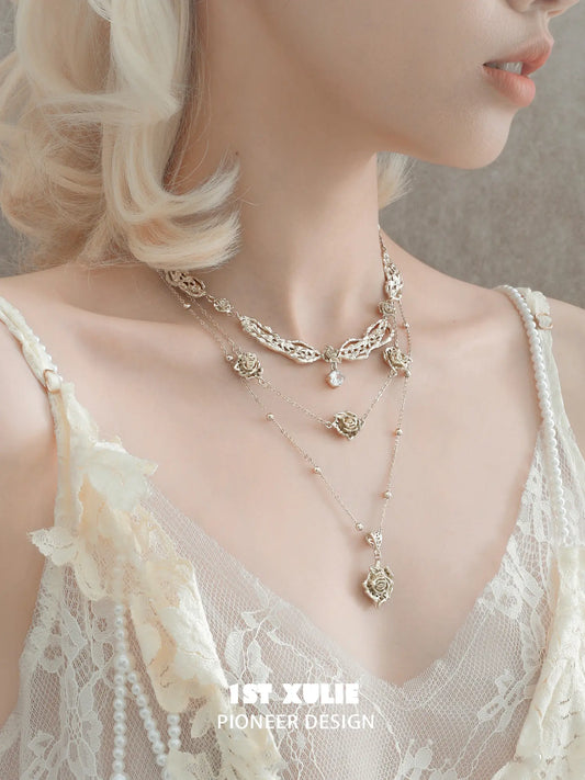 1ST XULIE Jewelry "Lace Rose" Victorian Rose Pendant Necklace in Light Gold - Product View