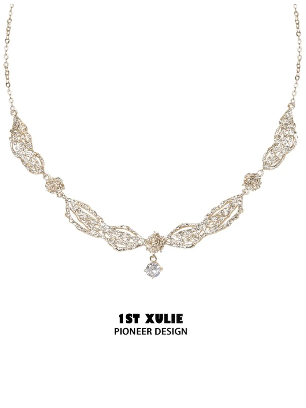 1ST XULIE Jewelry "Lace Rose" Victorian Rose Pendant Necklace in Light Gold - Packaging View
