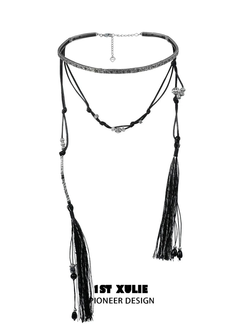 1ST XULIE "MONOLOGUES" Vintage Black Agate Tassel Lariat Necklace in Oxidized Silver Plated - Angle View 1
