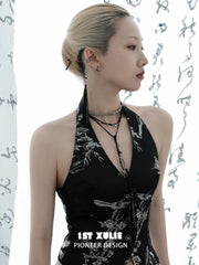 1ST XULIE "MONOLOGUES" Vintage Black Agate Tassel Lariat Necklace in Oxidized Silver Plated - Detail Shot