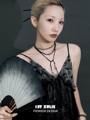 1ST XULIE "MONOLOGUES" Vintage Black Agate Tassel Lariat Necklace in Oxidized Silver Plated - Lifestyle Shot