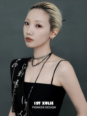 1ST XULIE "MONOLOGUES" Vintage Black Agate Tassel Lariat Necklace in Oxidized Silver Plated - On Model Close-up