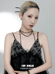 1ST XULIE "MONOLOGUES" Vintage Black Agate Tassel Lariat Necklace in Oxidized Silver Plated - Side View