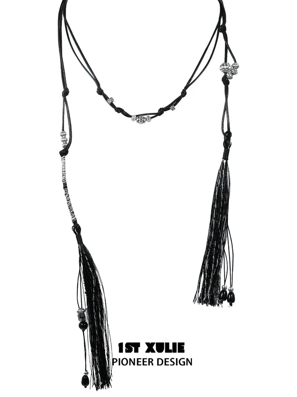 1ST XULIE "MONOLOGUES" Vintage Black Agate Tassel Lariat Necklace in Oxidized Silver Plated - Texture Shot