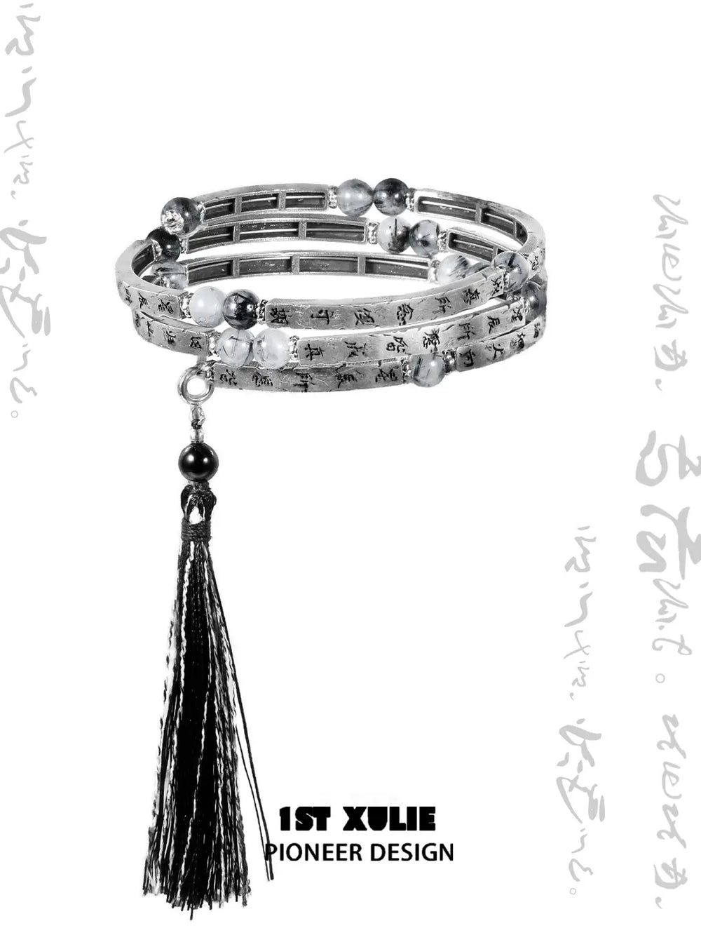 1ST XULIE Jewelry "MONOLOGUES" Vintage Chinoiserie Tassel Bangle in Antique Silver Plated - Lifestyle Shot