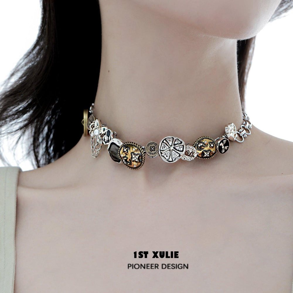 1ST XULIE "Starfall" Vintage Coin Pendant Choker in 18K Gold and Rhodium Plated - Angled Product View