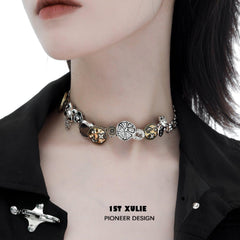 1ST XULIE "Starfall" Vintage Coin Pendant Choker in 18K Gold and Rhodium Plated - Lifestyle Shot