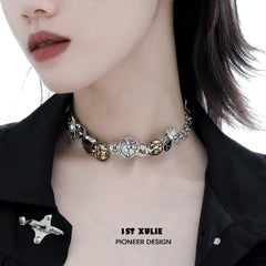 1ST XULIE "Starfall" Vintage Coin Pendant Choker in 18K Gold and Rhodium Plated - Product View