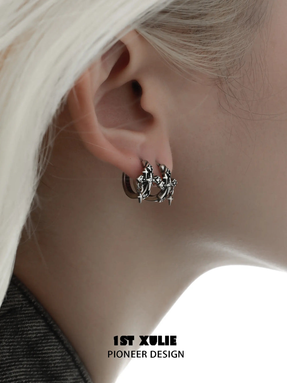 1ST XULIE "Irises" Vintage Cross Charm Huggie Hoop Earrings in 925 Sterling Silver - Angle View