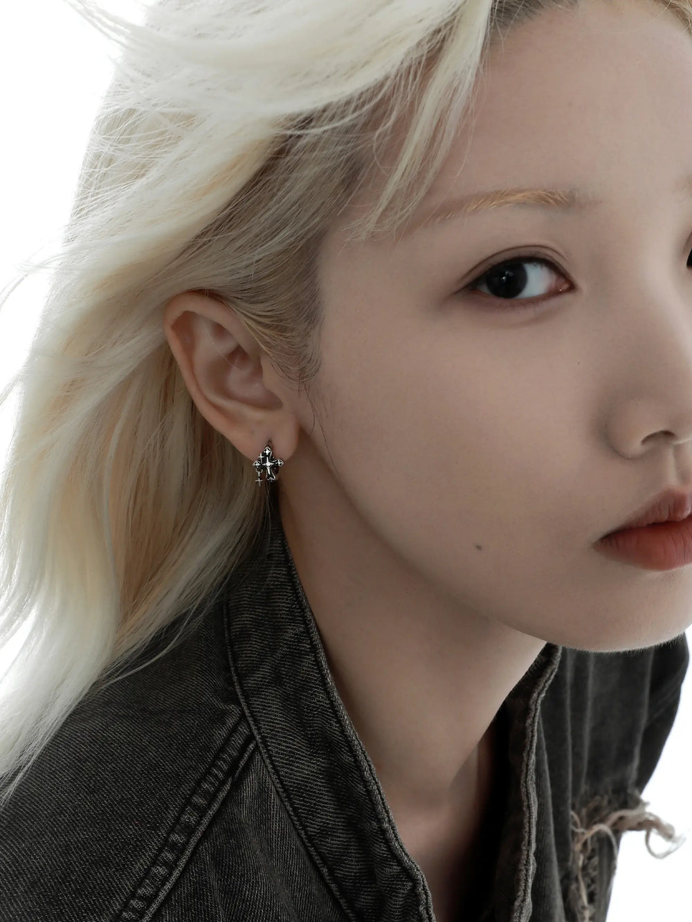 1ST XULIE "Irises" Vintage Cross Charm Huggie Hoop Earrings in 925 Sterling Silver - Lifestyle Shot