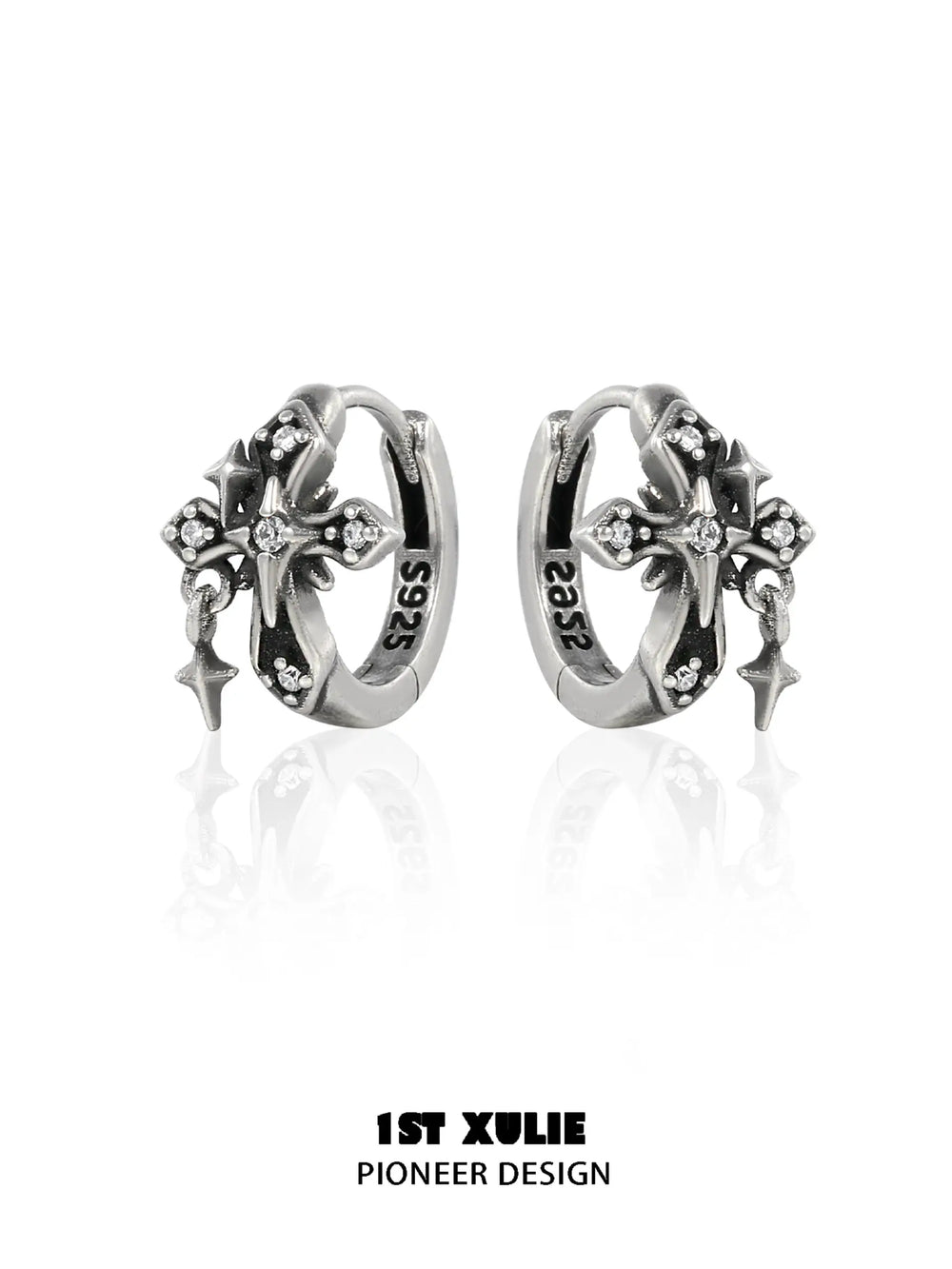 1ST XULIE "Irises" Vintage Cross Charm Huggie Hoop Earrings in 925 Sterling Silver - Product View