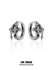 1ST XULIE "Irises" Vintage Cross Charm Huggie Hoop Earrings in 925 Sterling Silver - Product View