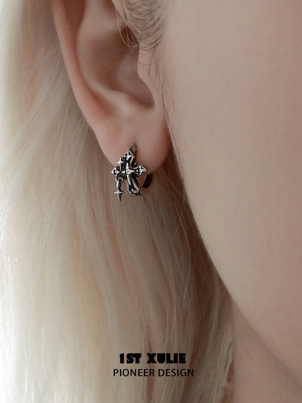1ST XULIE "Irises" Vintage Cross Charm Huggie Hoop Earrings in 925 Sterling Silver - On Model