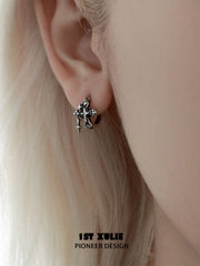 1ST XULIE "Irises" Vintage Cross Charm Huggie Hoop Earrings in 925 Sterling Silver - On Model