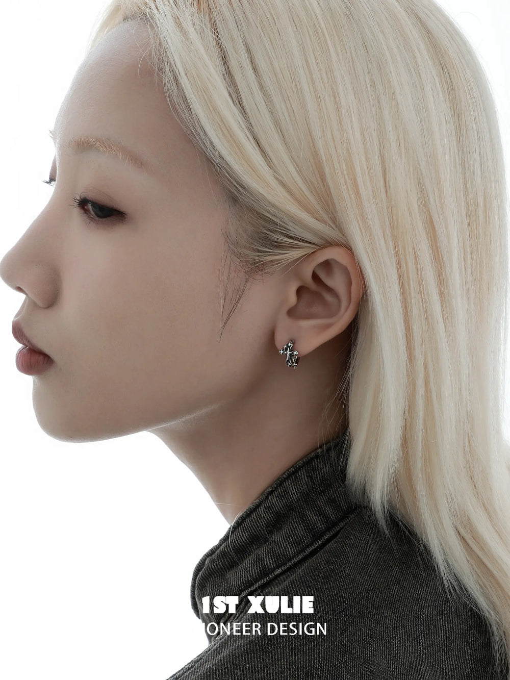 1ST XULIE "Irises" Vintage Cross Charm Huggie Hoop Earrings in 925 Sterling Silver - Packaging View