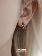 1ST XULIE "Irises" Vintage Cross Charm Huggie Hoop Earrings in 925 Sterling Silver - Side View