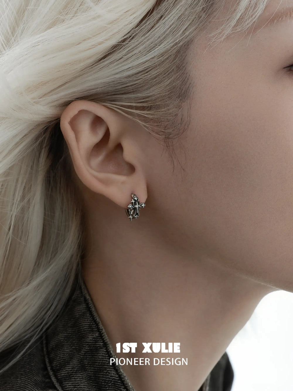 1ST XULIE "Irises" Vintage Cross Charm Huggie Hoop Earrings in 925 Sterling Silver - Texture Detail