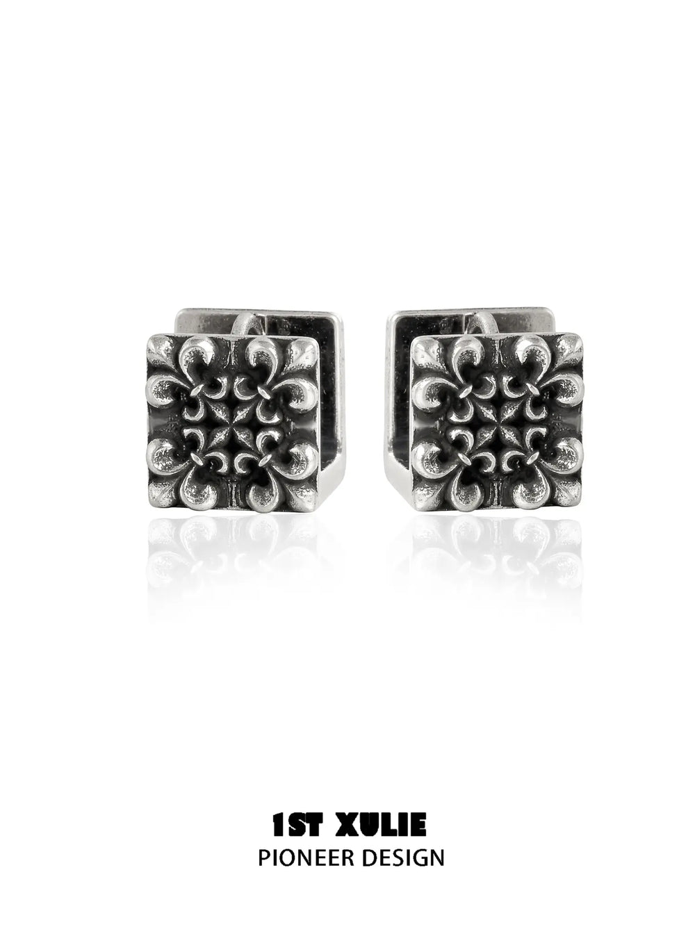 1ST XULIE Jewelry "Irises" Vintage Cross Huggie Hoop Earrings in Rhodium Plated Brass - Angle 2