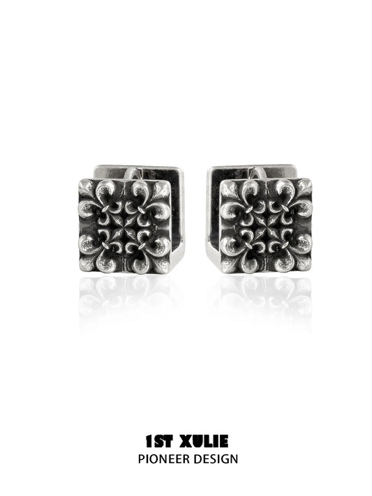 1ST XULIE Jewelry "Irises" Vintage Cross Huggie Hoop Earrings in Rhodium Plated Brass - Angle 2