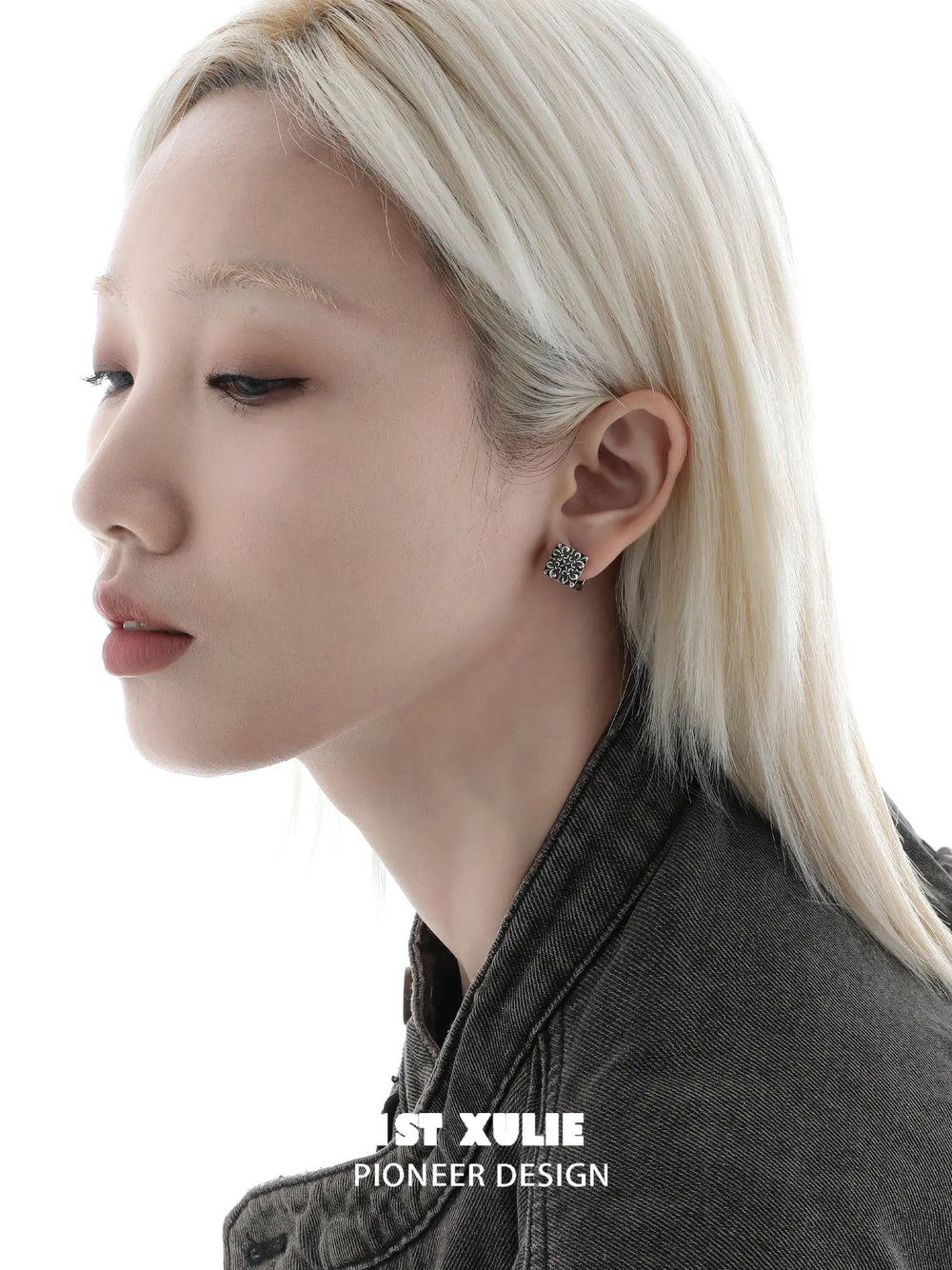 1ST XULIE Jewelry "Irises" Vintage Cross Huggie Hoop Earrings in Rhodium Plated Brass - Product View