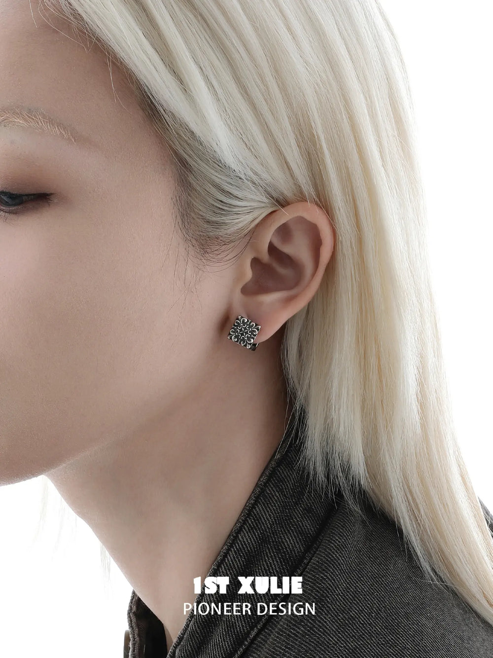 1ST XULIE Jewelry "Irises" Vintage Cross Huggie Hoop Earrings in Rhodium Plated Brass - Packaging View