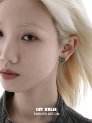 1ST XULIE Jewelry "Irises" Vintage Cross Huggie Hoop Earrings in Rhodium Plated Brass - Texture