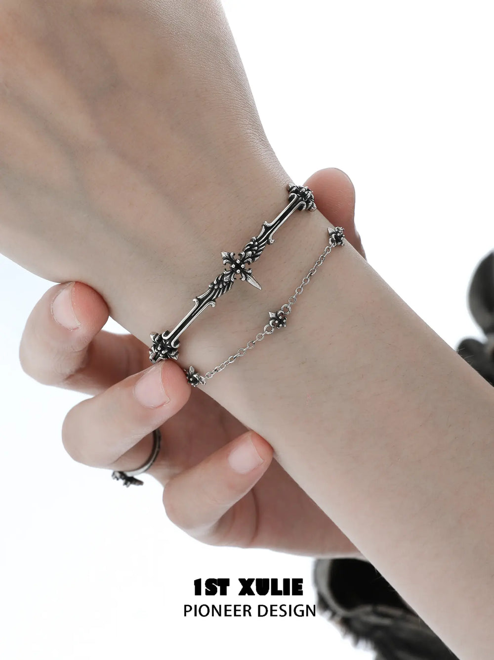1ST XULIE Jewelry "FALLEN ANGEL" Vintage Fallen Angel Bangle in Antiqued Silver - On Model