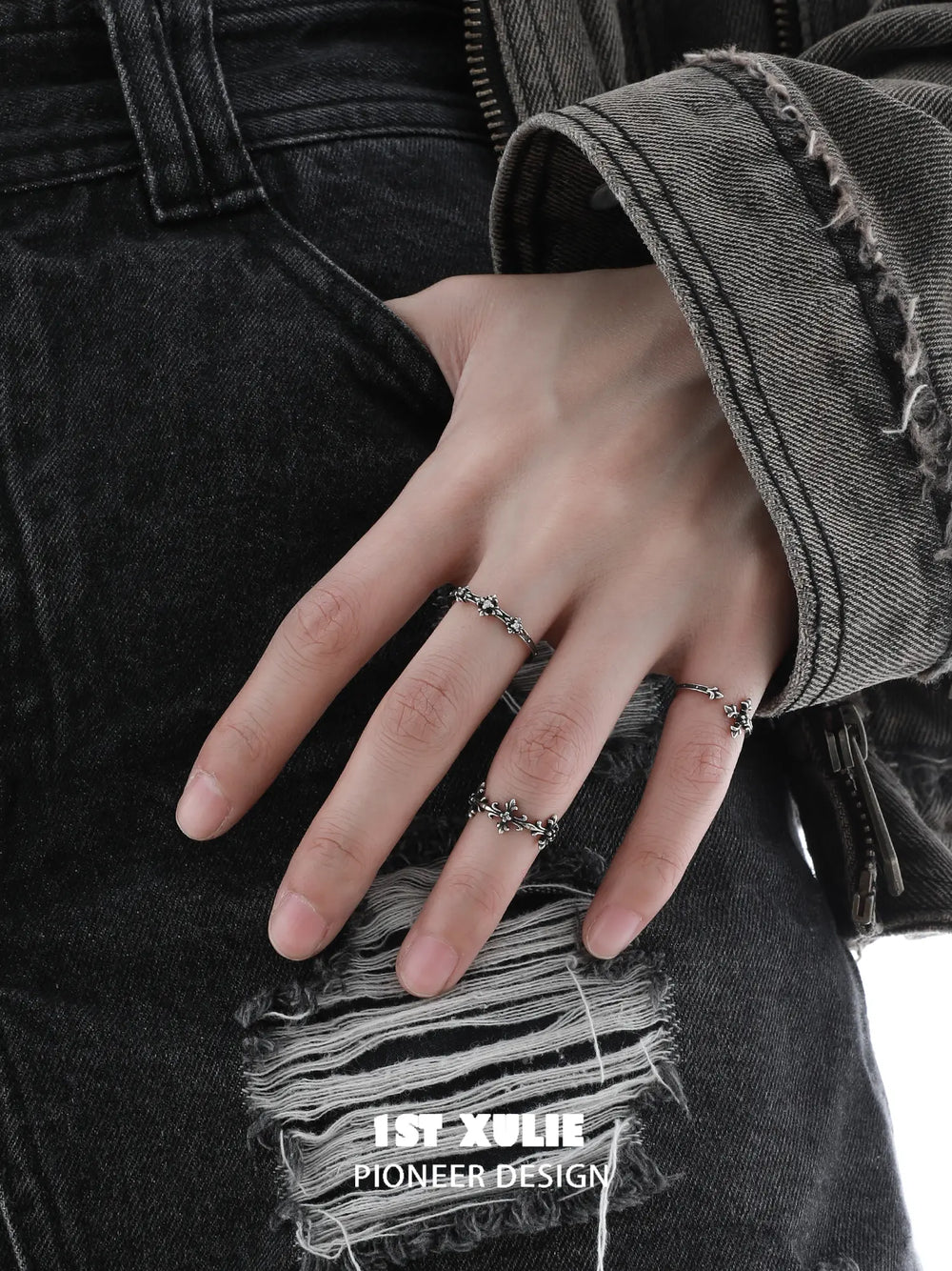 1ST XULIE Jewelry "Irises" Vintage Fleur-de-Lis Cross Pinky Ring in 925 Sterling Silver - Product View