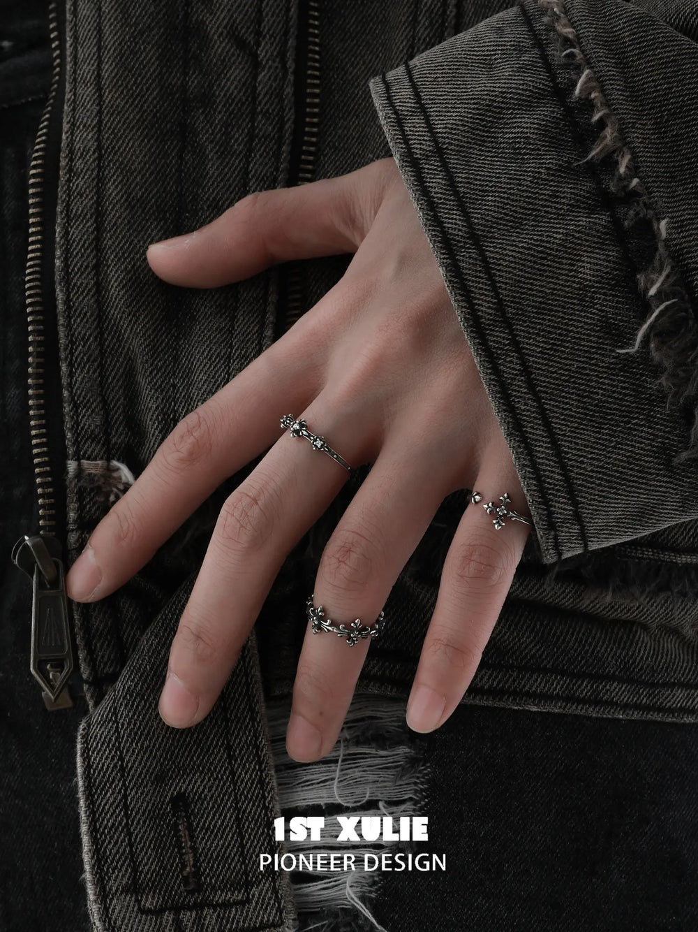 1ST XULIE Jewelry "Irises" Vintage Fleur-de-Lis Cross Pinky Ring in 925 Sterling Silver - On Model