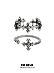 1ST XULIE Jewelry "Irises" Vintage Fleur-de-Lis Cross Pinky Ring in 925 Sterling Silver - On Model Close-up