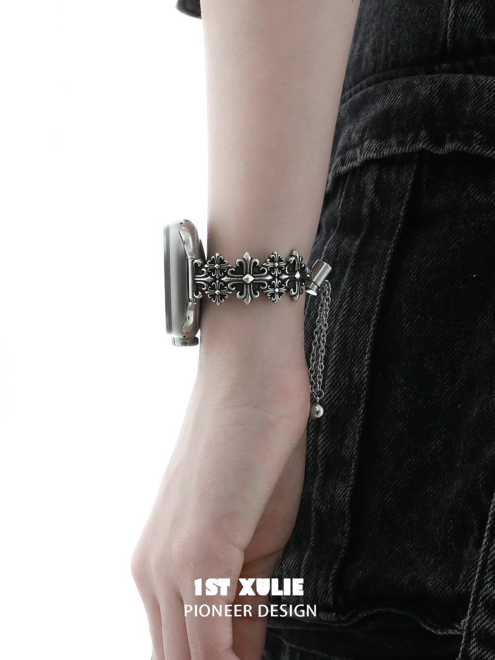 1ST XULIE Jewelry "Irises" Vintage Fleur-de-lis Cross Watch Band in Antique Silver Finish - Detail Shot