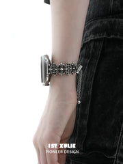 1ST XULIE Jewelry "Irises" Vintage Fleur-de-lis Cross Watch Band in Antique Silver Finish - Detail Shot