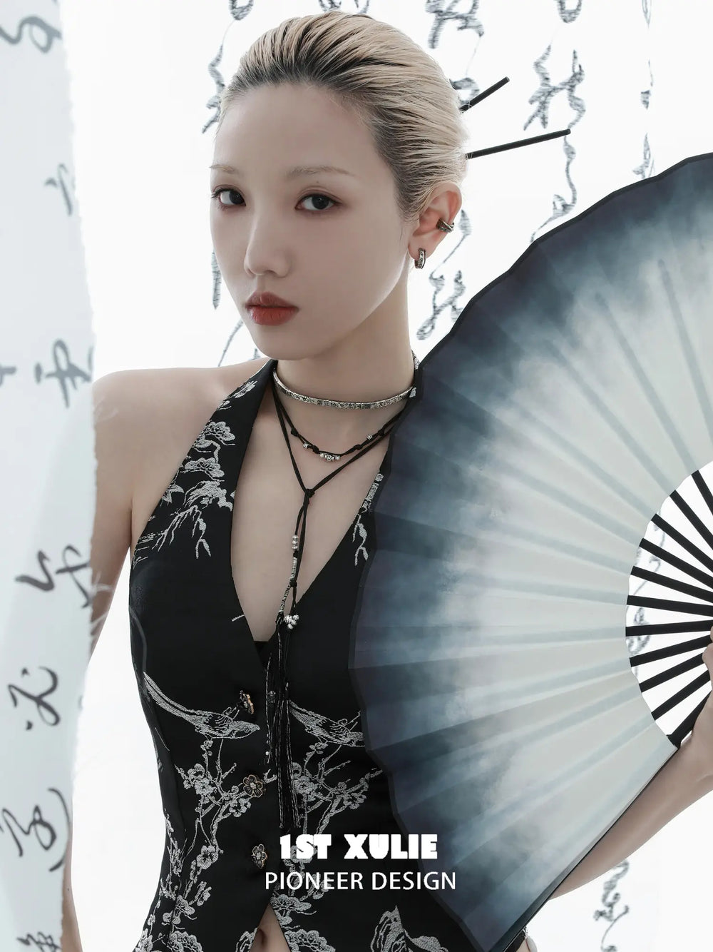 1ST XULIE "MONOLOGUES" Vintage Flowing Tassel Ear Cuffs in Platinum Plated - Detail Shot