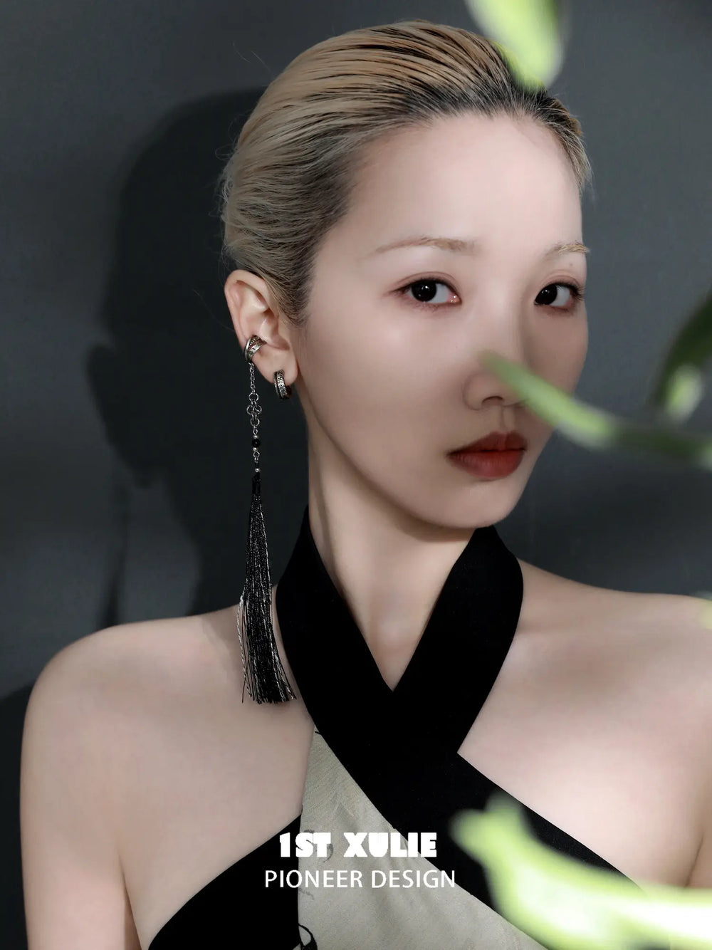 1ST XULIE "MONOLOGUES" Vintage Flowing Tassel Ear Cuffs in Platinum Plated - On Model Close Up