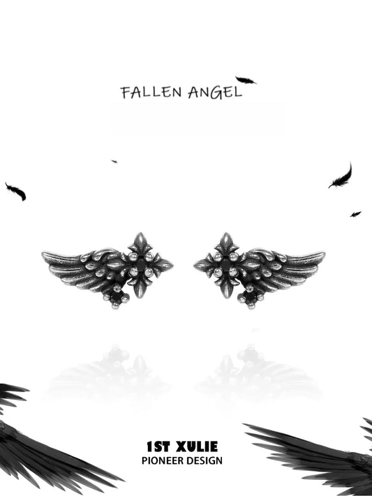 1ST XULIE Jewelry "FALLEN ANGEL" Vintage Gothic Fallen Angel Wing Stud Earrings in Oxidized Silver Plated Brass - Side View