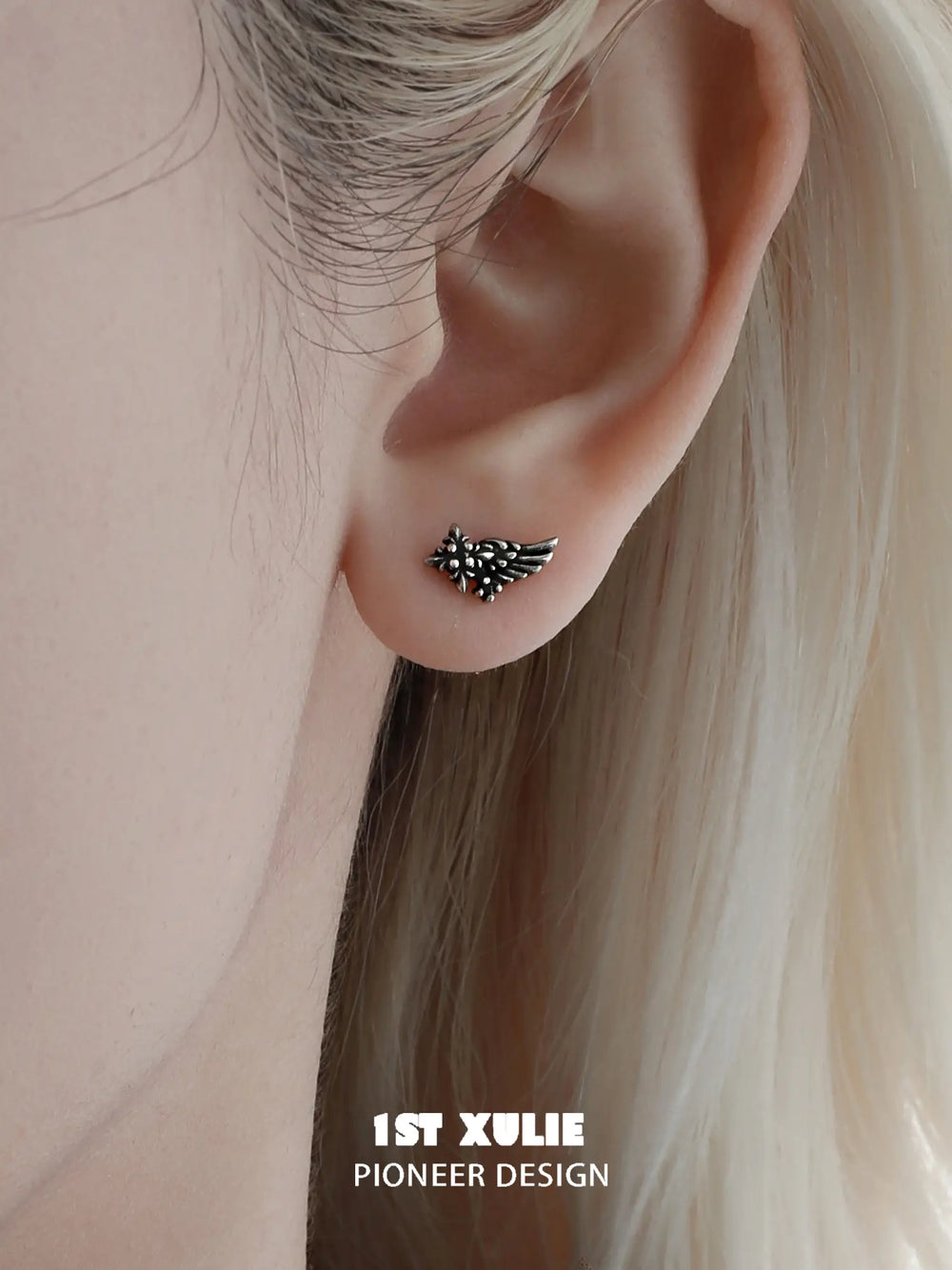 1ST XULIE Jewelry "FALLEN ANGEL" Vintage Gothic Fallen Angel Wing Stud Earrings in Oxidized Silver Plated Brass - Detail Shot