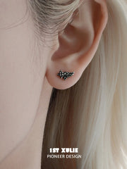 1ST XULIE Jewelry "FALLEN ANGEL" Vintage Gothic Fallen Angel Wing Stud Earrings in Oxidized Silver Plated Brass - Detail Shot