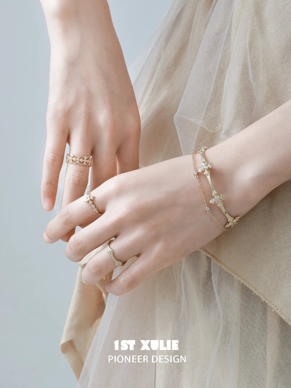 1ST XULIE Jewelry "Bastet" Vintage Iris Charm Bracelet in Rhodium Plated Brass - Side View